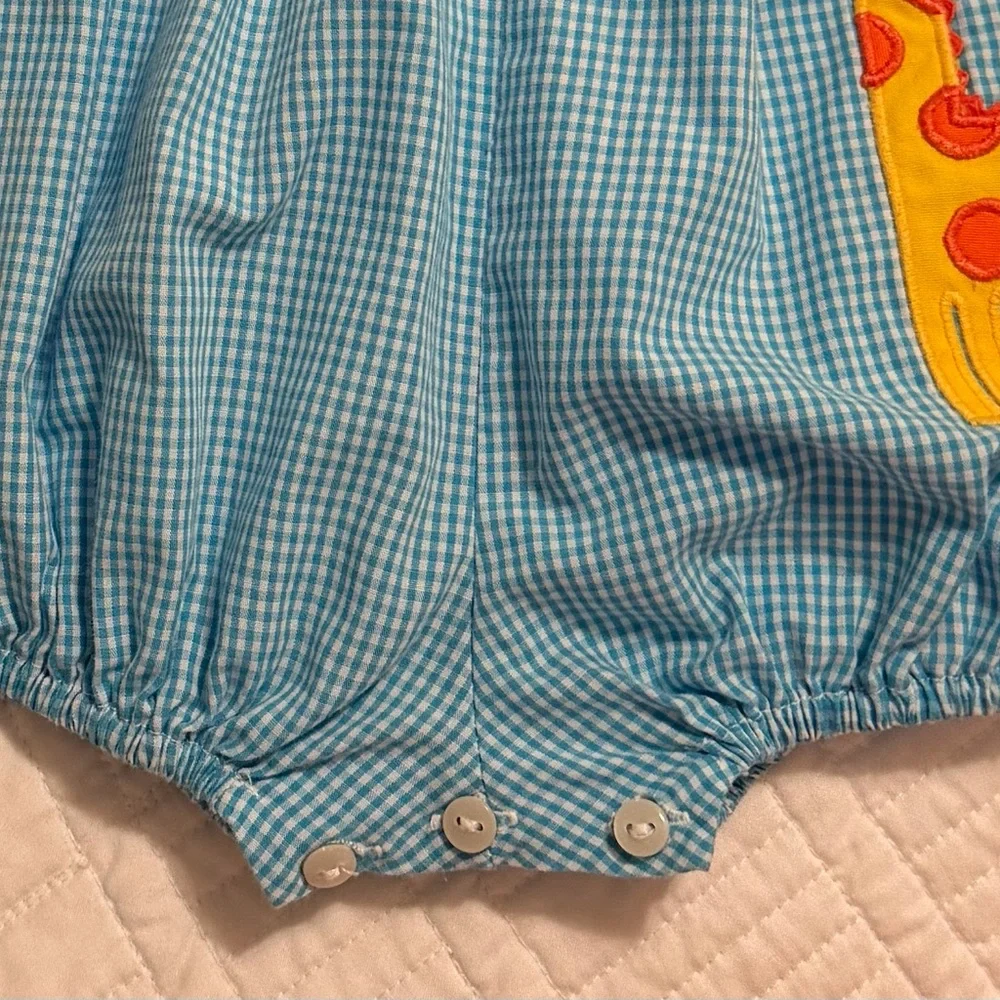 Blue Gingham Baby Romper with Appliquéd Giraffe